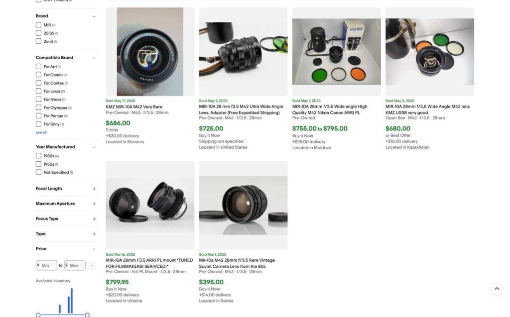 screenshot ebay mir-10a 28mm f3.5 prices